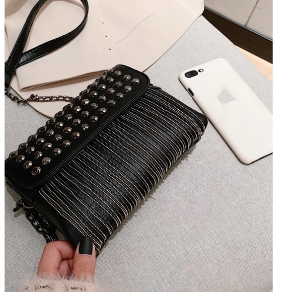 Luxe Vegan Leather Studded Tassel Shoulder Crossbody Bag - Picture 6 of 13